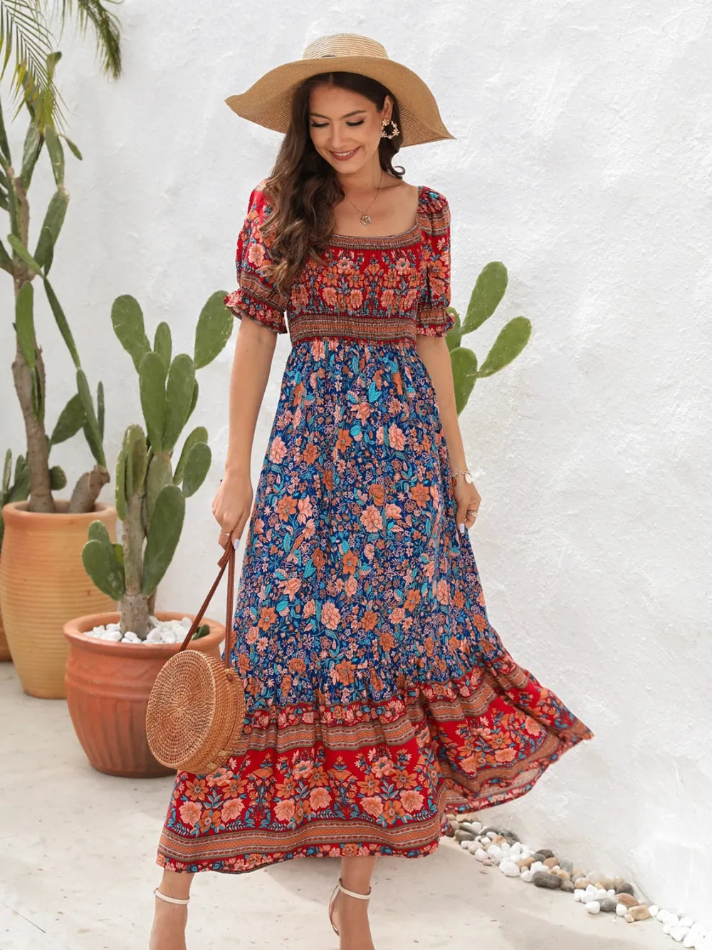 Floral Flounce Sleeve Midi Dress Caramel / S
