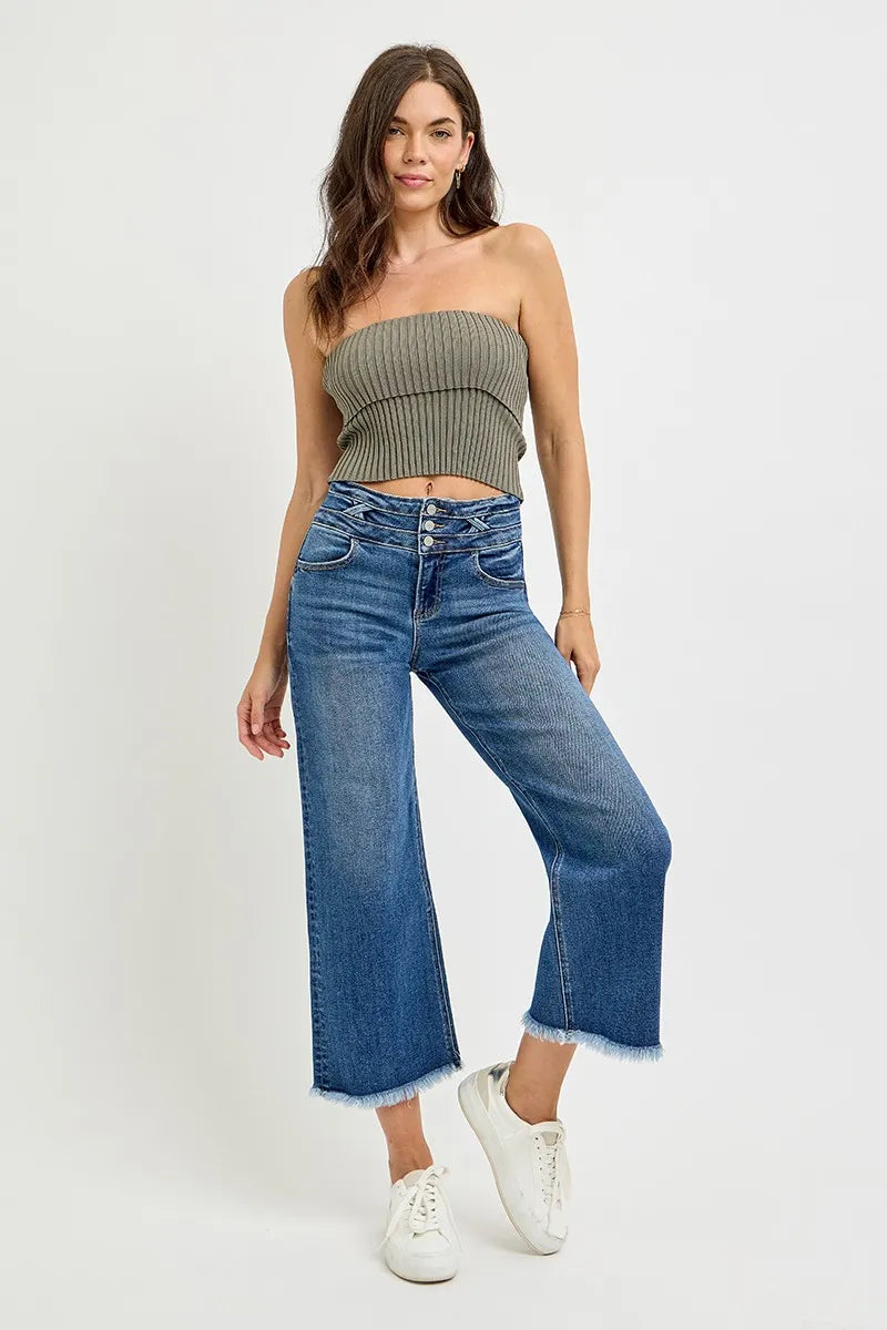 RISEN High Rise Crop Wide Leg Jeans with Wide Band Detail DARK / 0