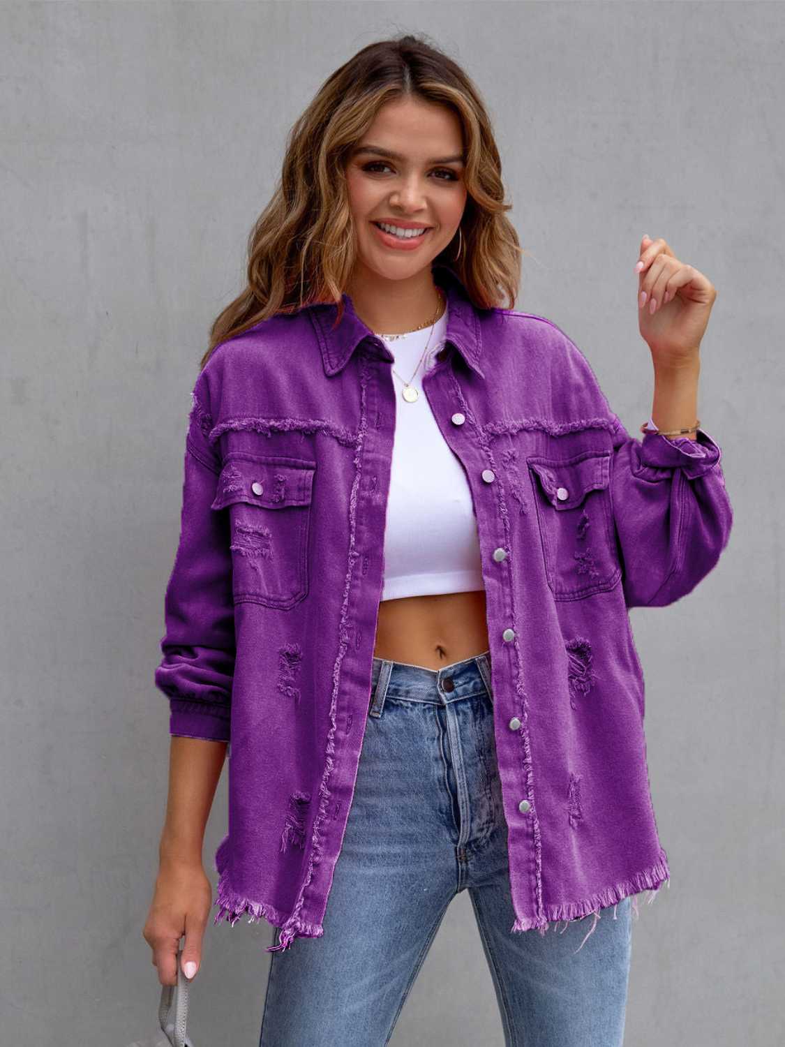 Distressed Drop Shoulder Denim Jacket Fuchsia Pink / S