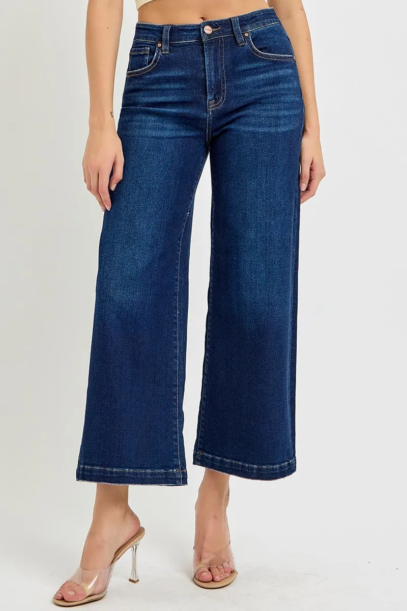 RISEN High Rise Crop Wide Jeans DARK / 0