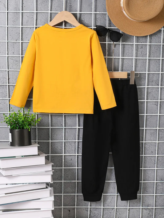 Kids Graphic Round Neck Long Sleeve Top and Pants Set Gold / 2-3