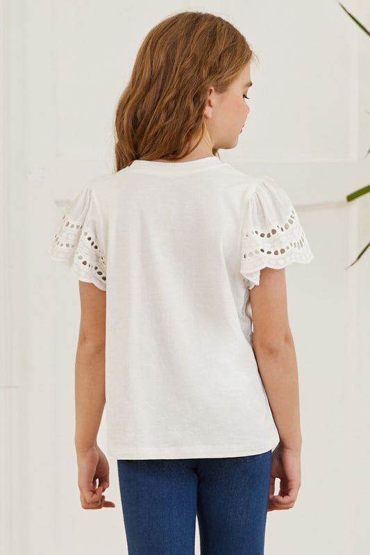 Round Neck Flutter Sleeve T-Shirt White / S