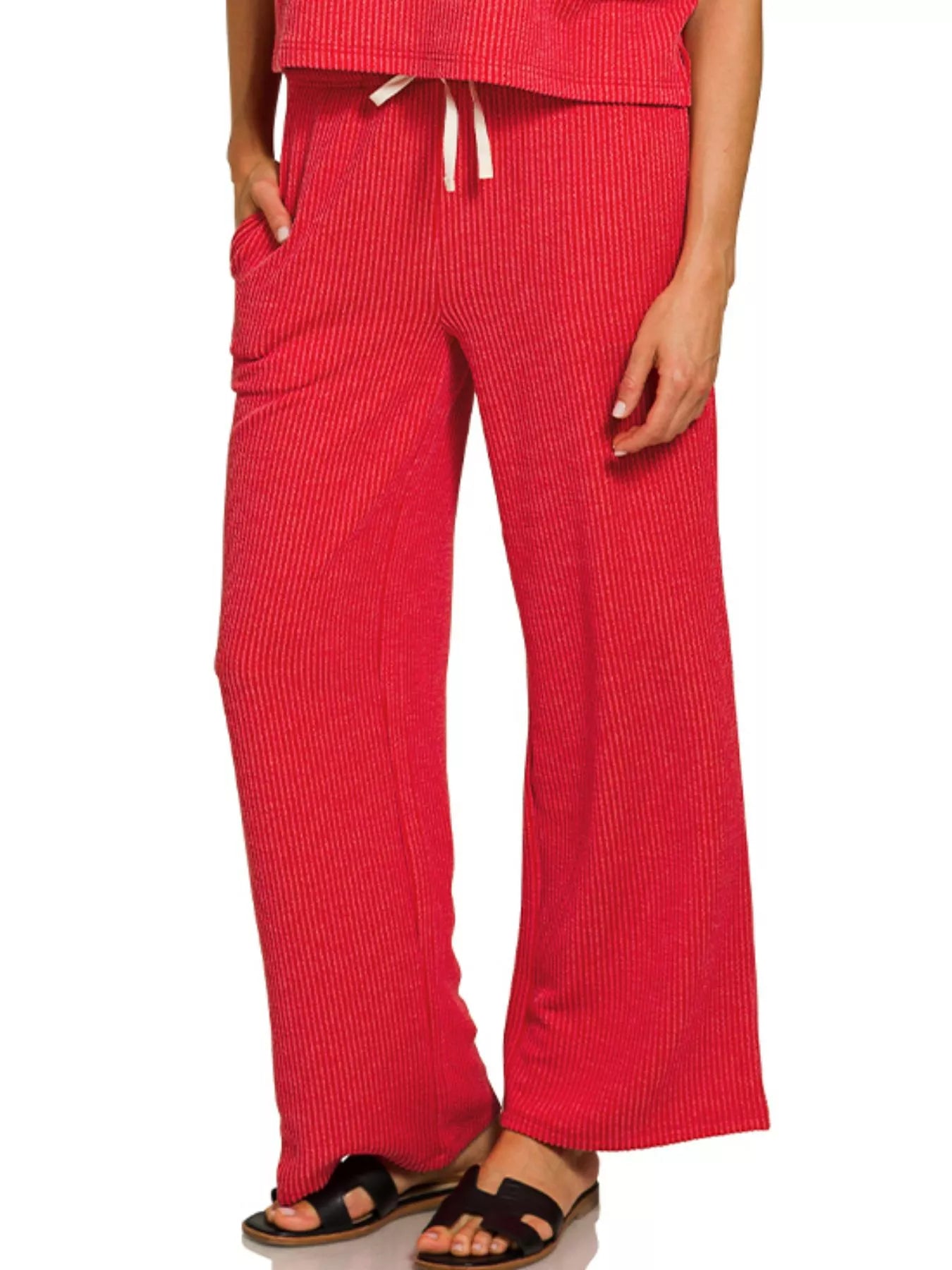 Zenana Raised Rib Short Sleeve Tee & Pants Set RUBY / S