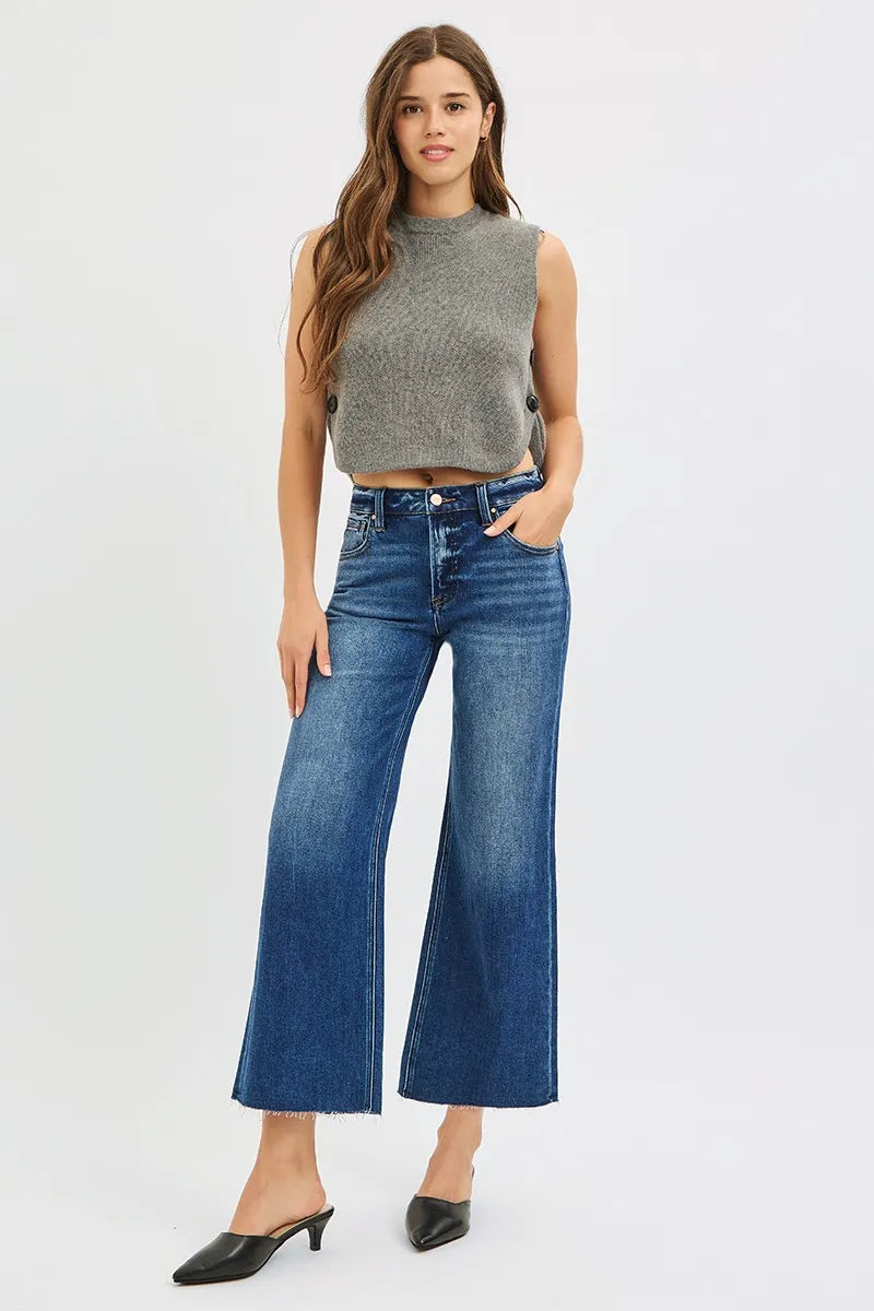 RISEN Full Size Mid Rise Crop Wide Raw Cut Hem Jeans Plus Size DARK / 0
