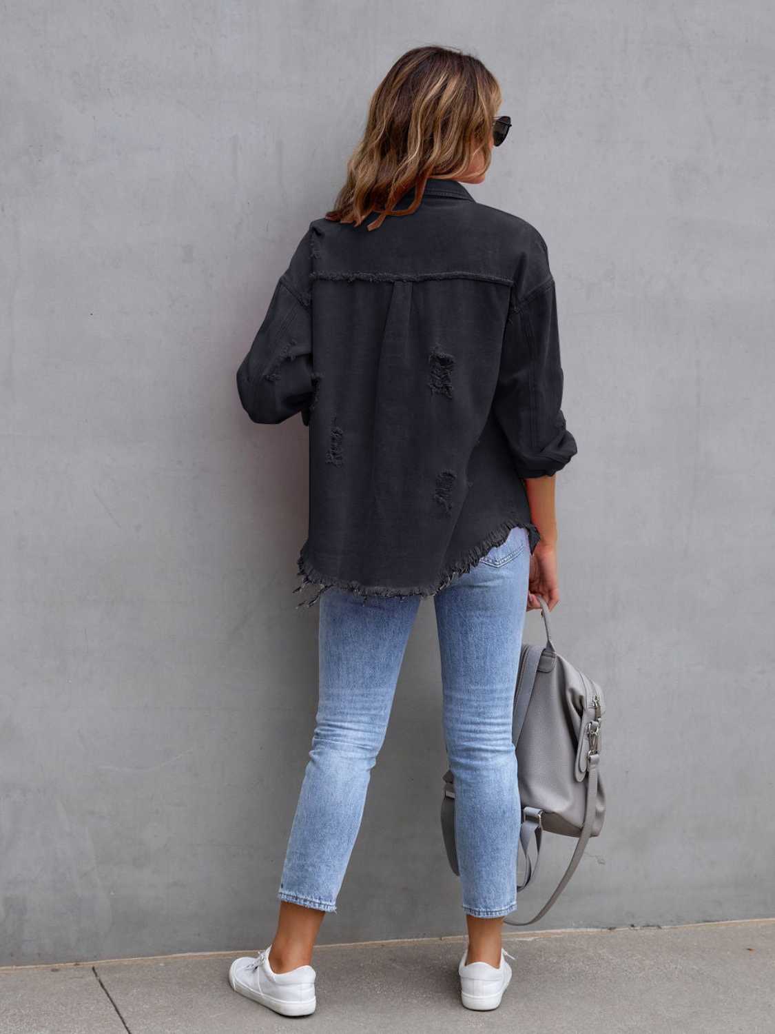 Distressed Drop Shoulder Denim Jacket Fuchsia Pink / S