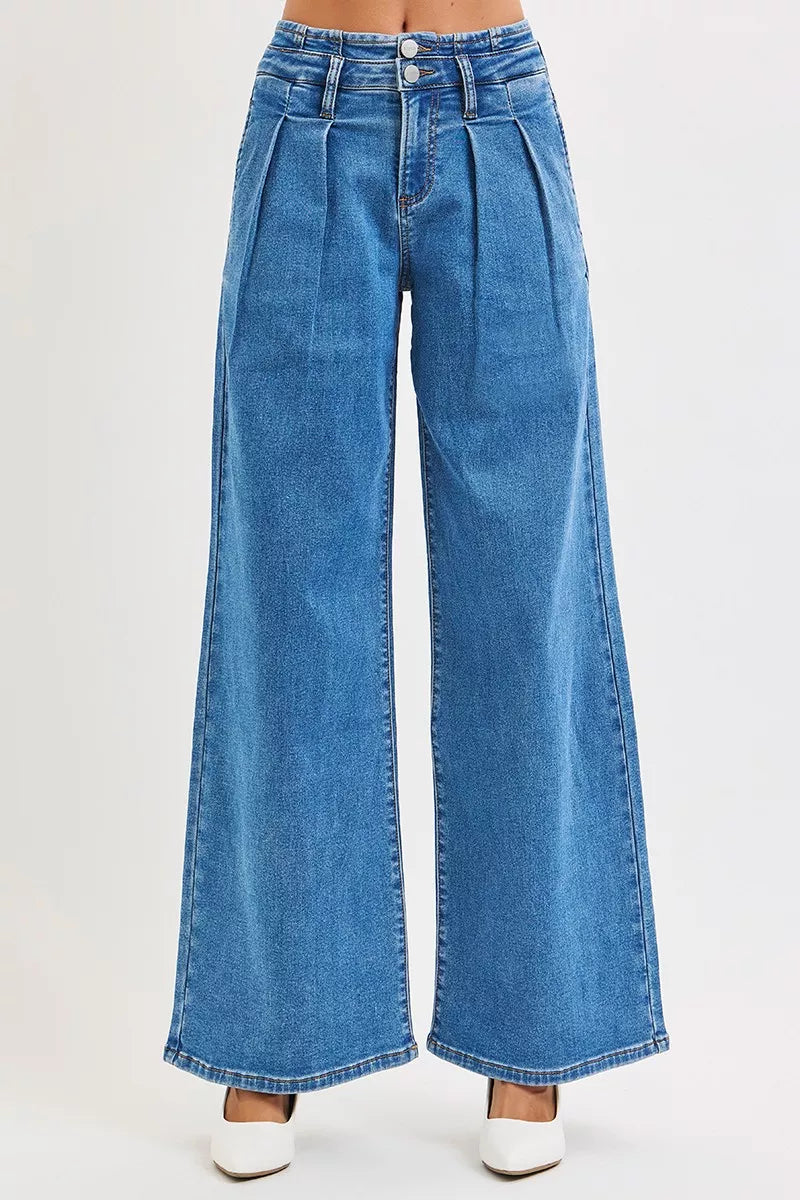 RISEN Full Size Mid Rise Fit Wide Leg with Pleated Detail Jeans Plus Size MEDIUM / 0