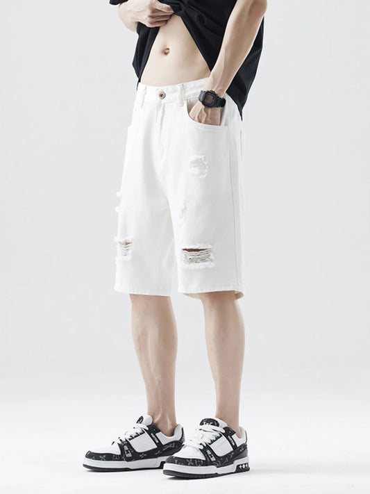 Men's Distressed Denim Shorts Ivory / 28