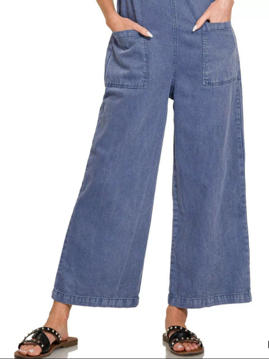 Zenana Washed Knot Strap Pockets Jumpsuit BLACKBERRY / S