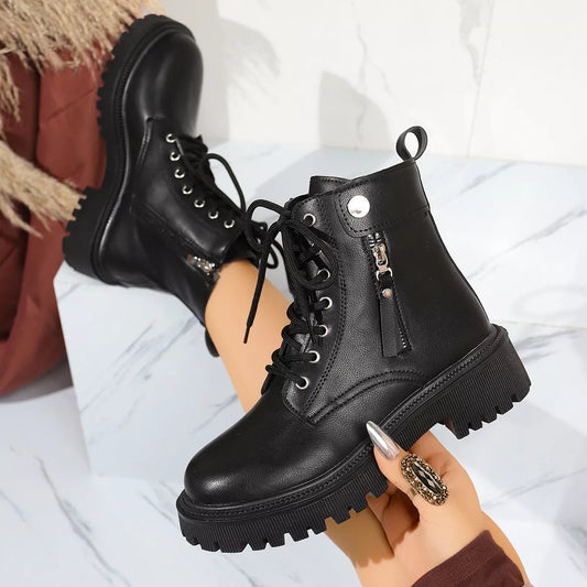 Round Toe Block Heels Boots Black / 35