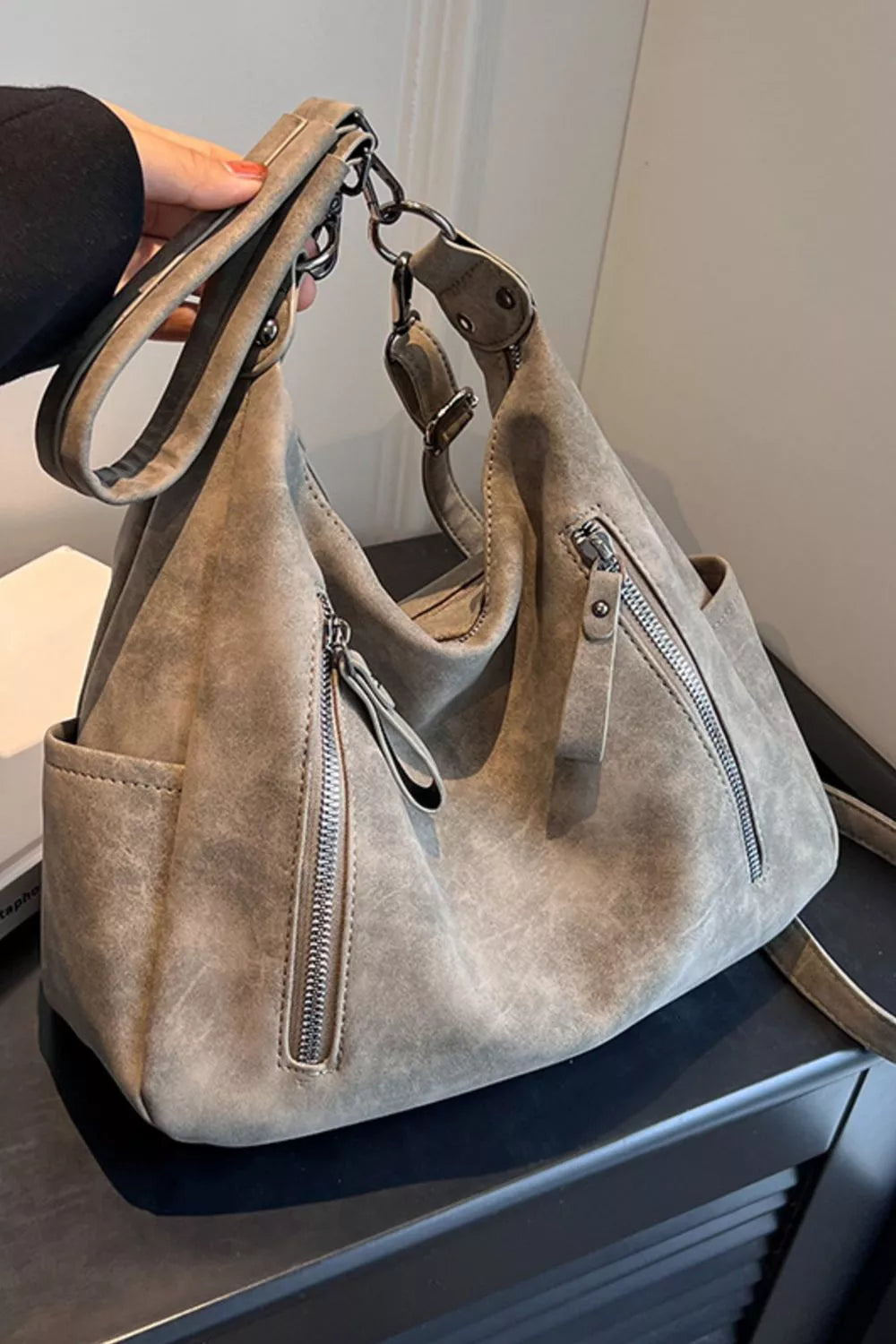 Zipper Details Adjustable Strap Crossbody Bag Khaki / One Size