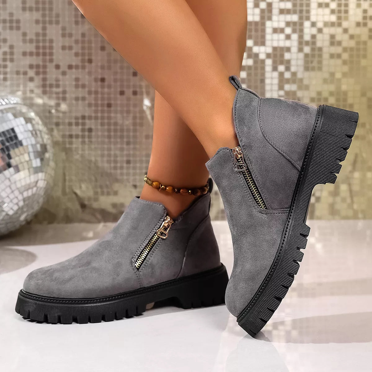 Round Toe Side Zip Ankle Boots Ivory / 36