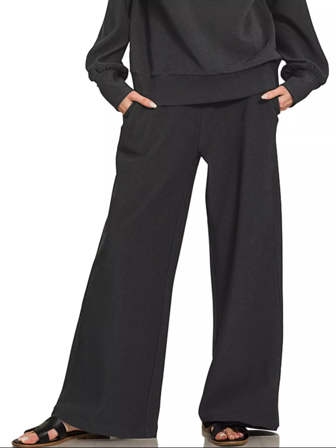 Zenana Ribbed High Neck Half Zip Pullover & Pants Set BLACK / S