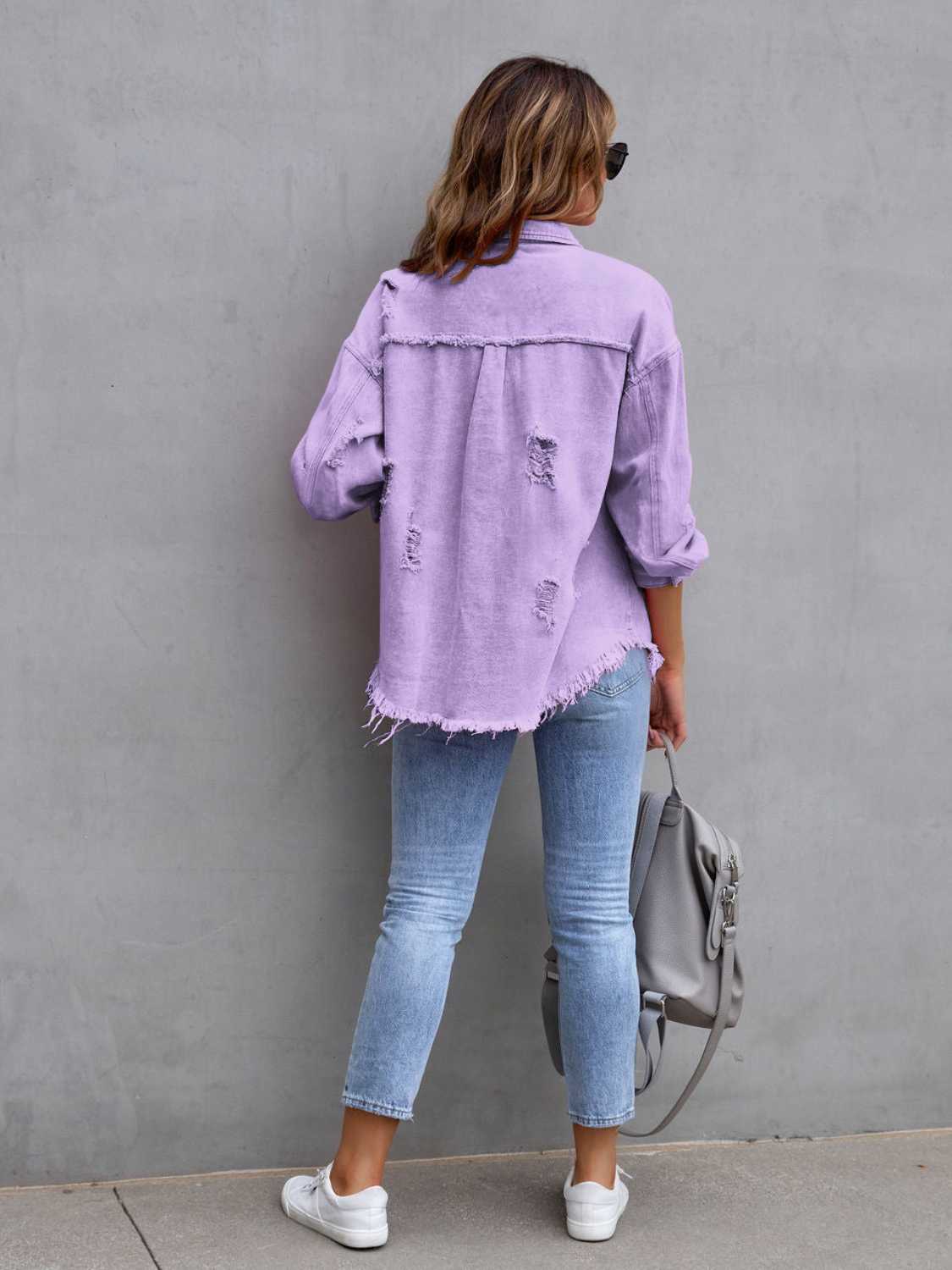 Distressed Drop Shoulder Denim Jacket Fuchsia Pink / S