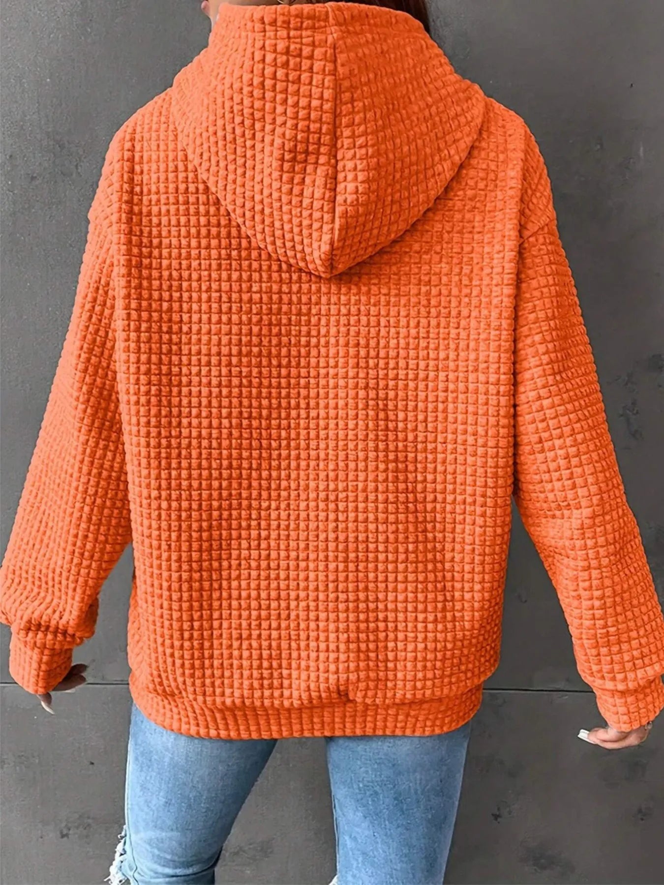 Waffle Knit Drawstring Long Sleeve Hoodie Orange / S