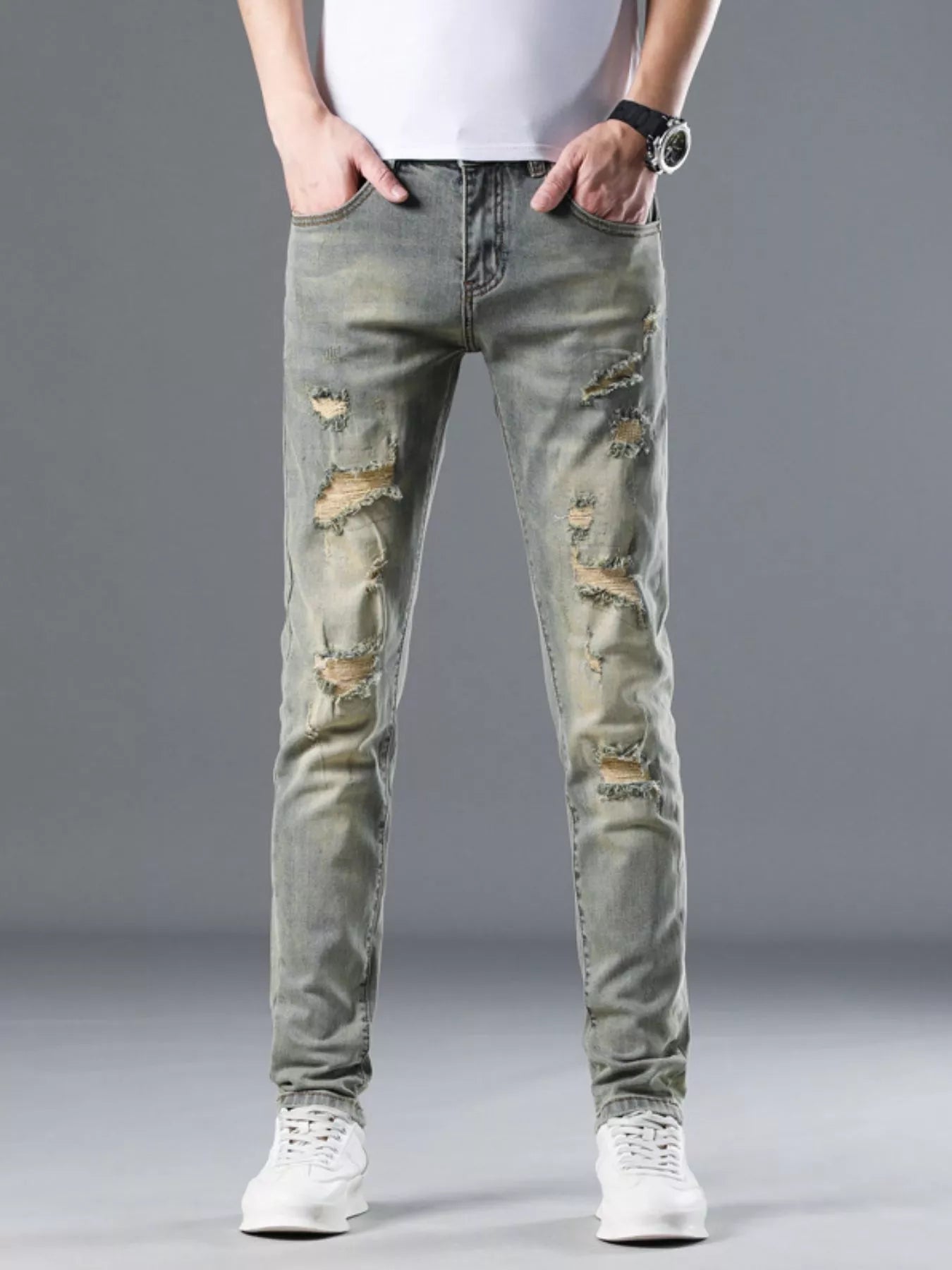 Men's Distressed Slim Fit Jeans Vintage Yellow / 28