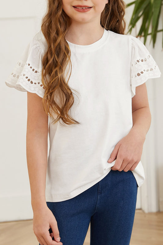Round Neck Flutter Sleeve T-Shirt White / S