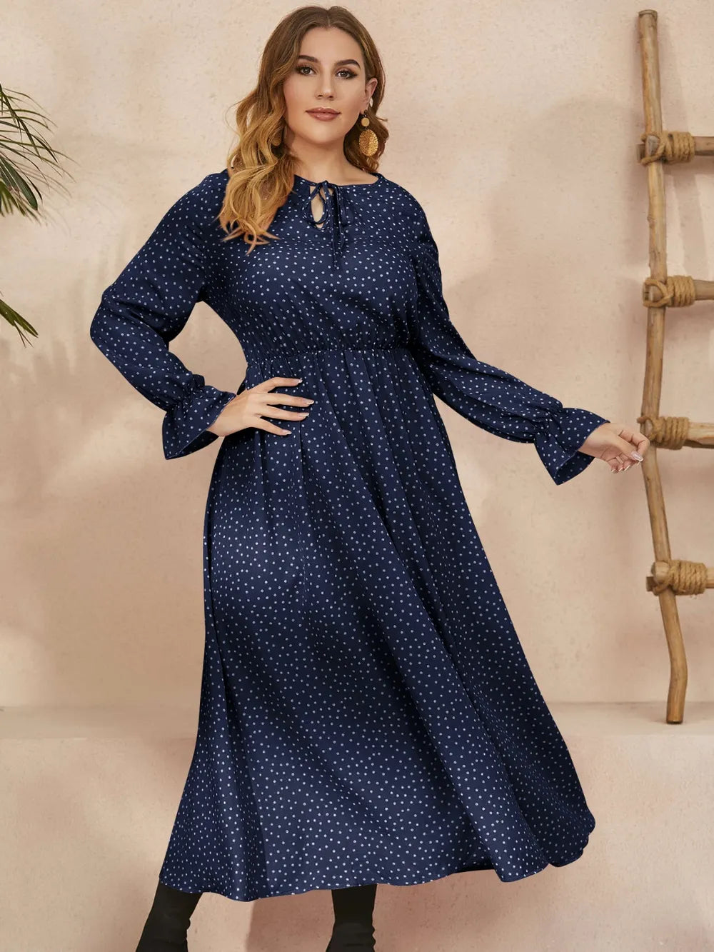 Honey Plus Size Ruffled Polka Dot Long Sleeve Midi Dress Navy / 0XL