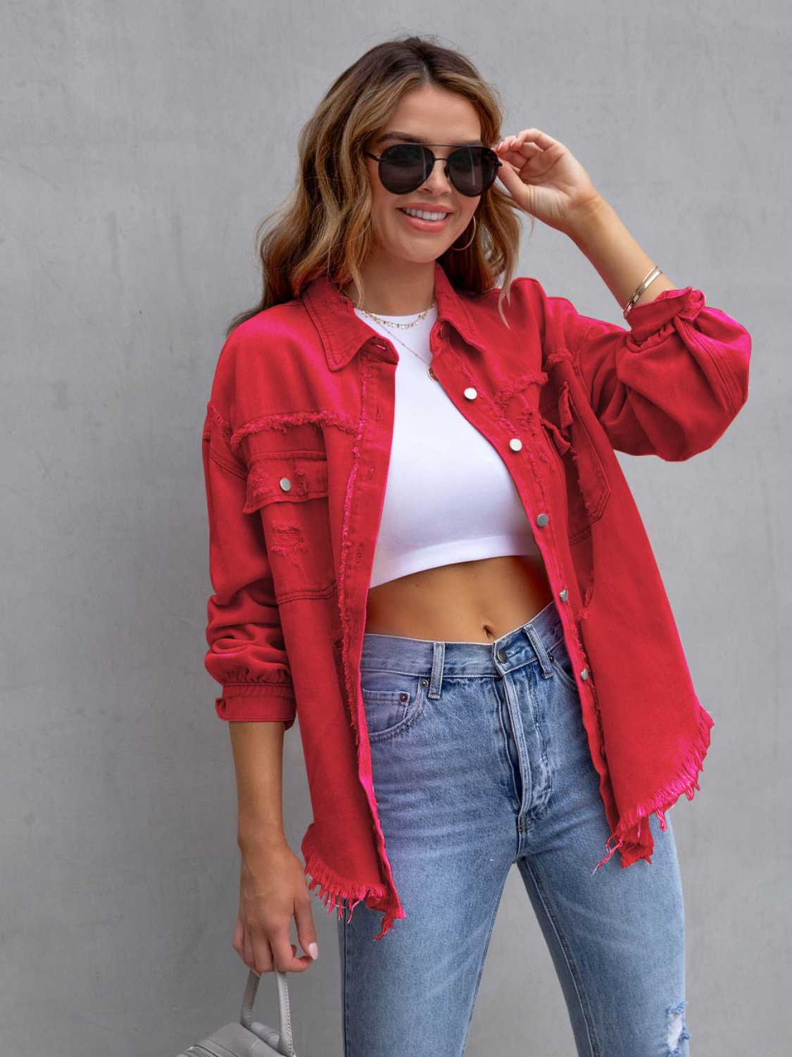 Distressed Drop Shoulder Denim Jacket Fuchsia Pink / S