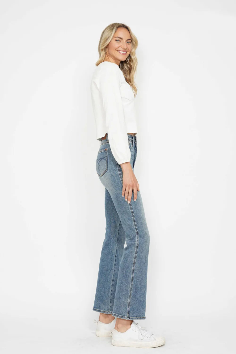 Judy Blue Full Size Tummy Control Back Embroidered Pocketed Bootcut Jeans Plus Size SHORT INSEAM / 0/24