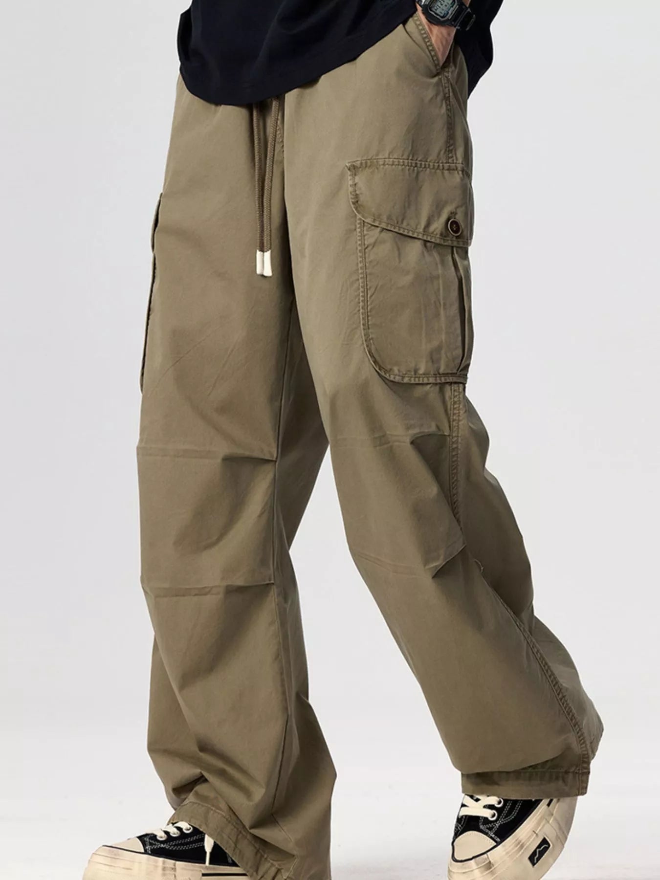 Men's Plus Size Drawstring Wide Leg Cargo Pants Deep Khaki / M