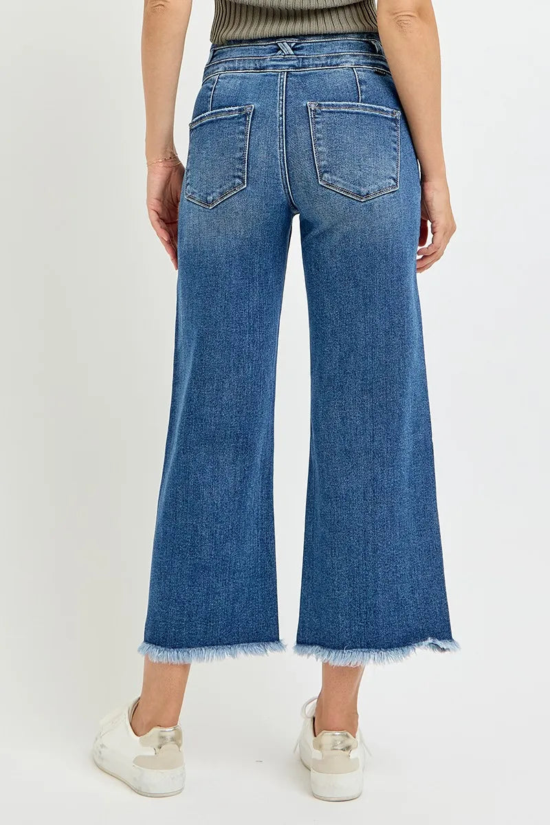 RISEN High Rise Crop Wide Leg Jeans with Wide Band Detail DARK / 0