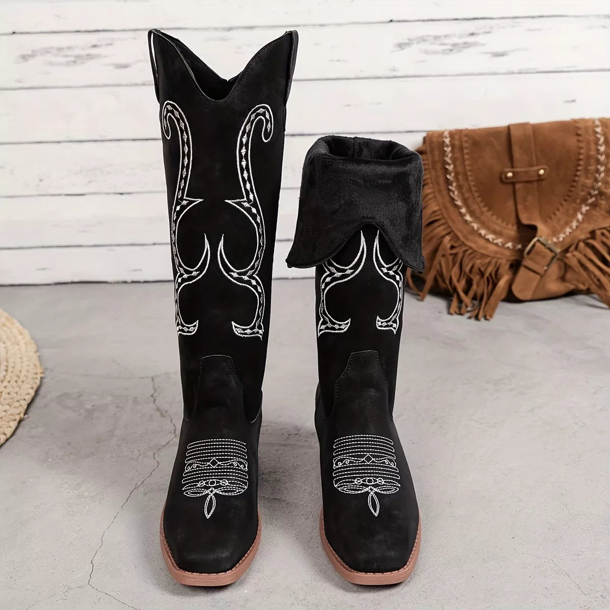 Embroidered Round Toe Block Heels Boots Dark Brown / 36