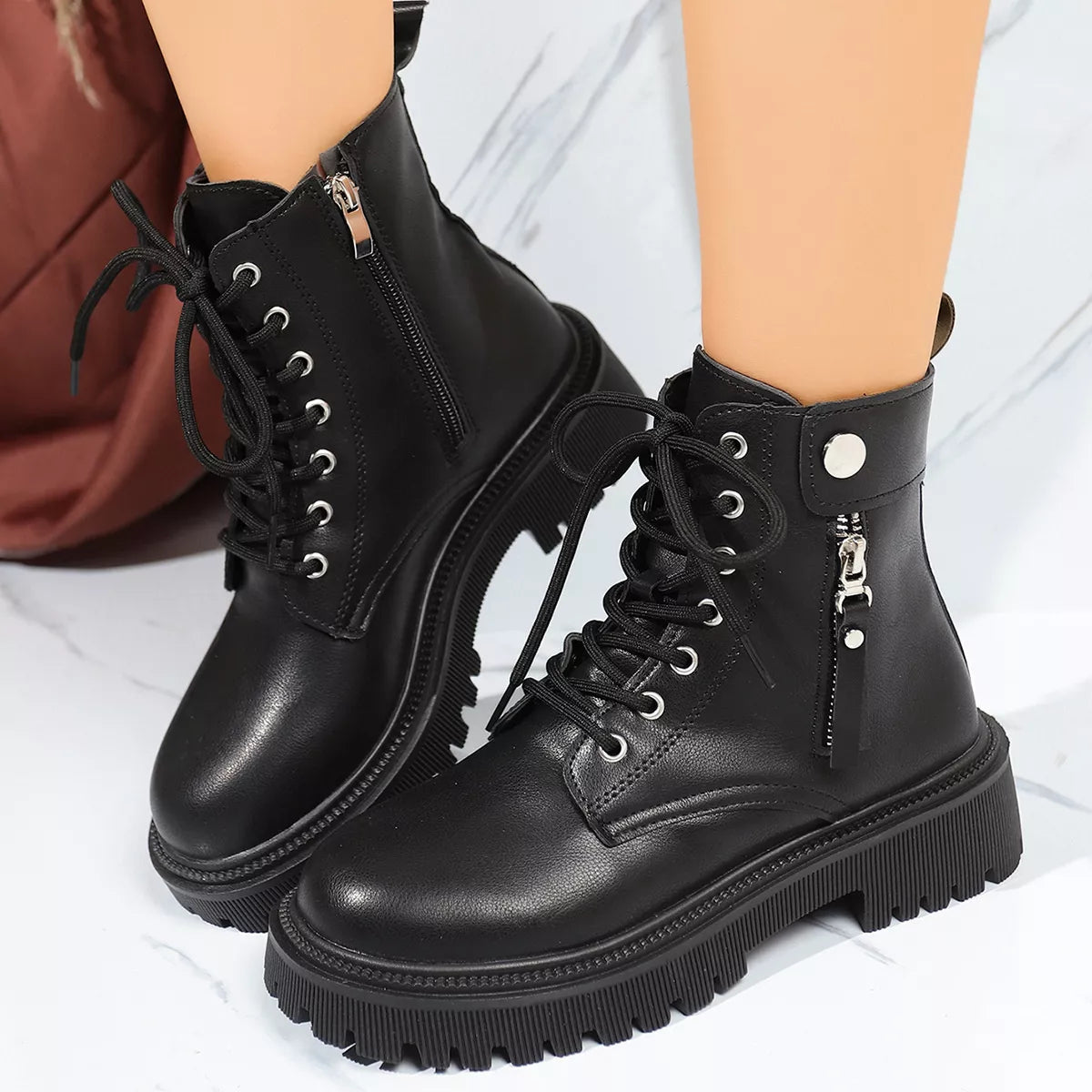 Round Toe Block Heels Boots Black / 35