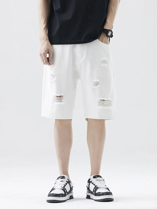 Men's Distressed Denim Shorts Ivory / 28