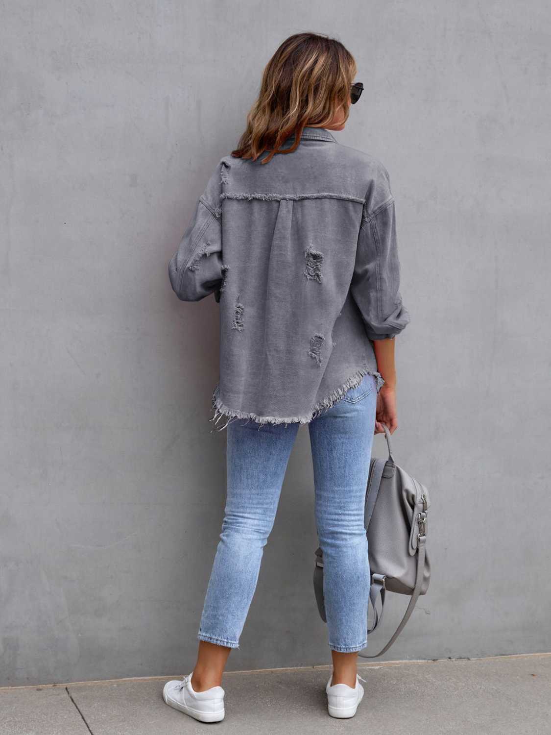 Distressed Drop Shoulder Denim Jacket Fuchsia Pink / S
