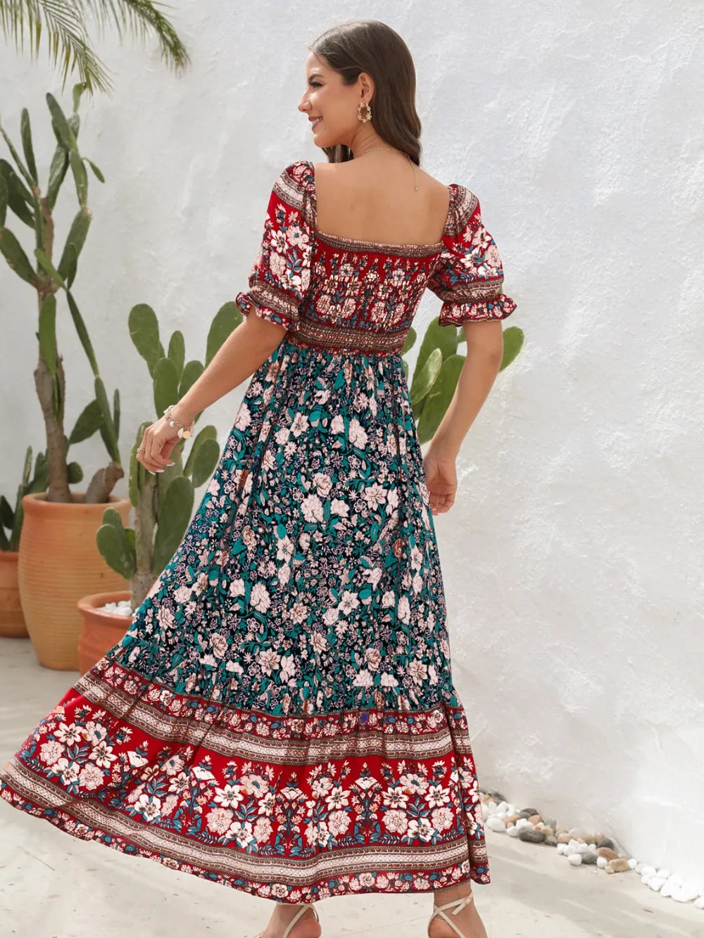 Floral Flounce Sleeve Midi Dress Caramel / S