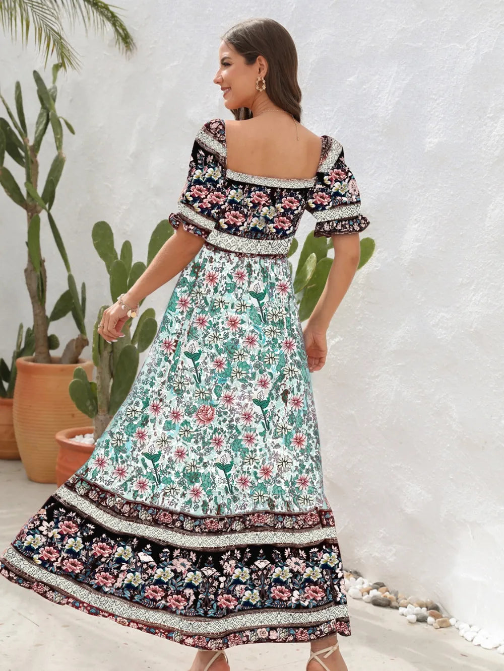 Floral Flounce Sleeve Midi Dress Caramel / S