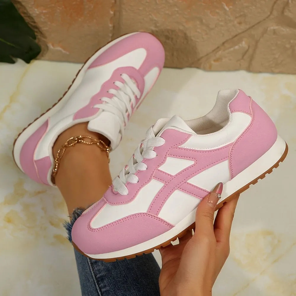 Contrast Lace Up Round Toe Sneakers Pink / 35(US4)