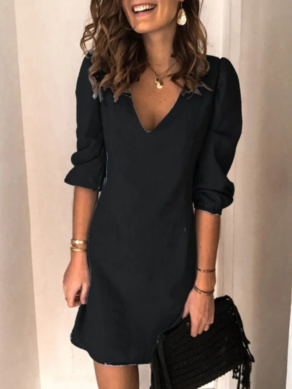 Full Size V-Neck Half Sleeve Dress Light Blue / S