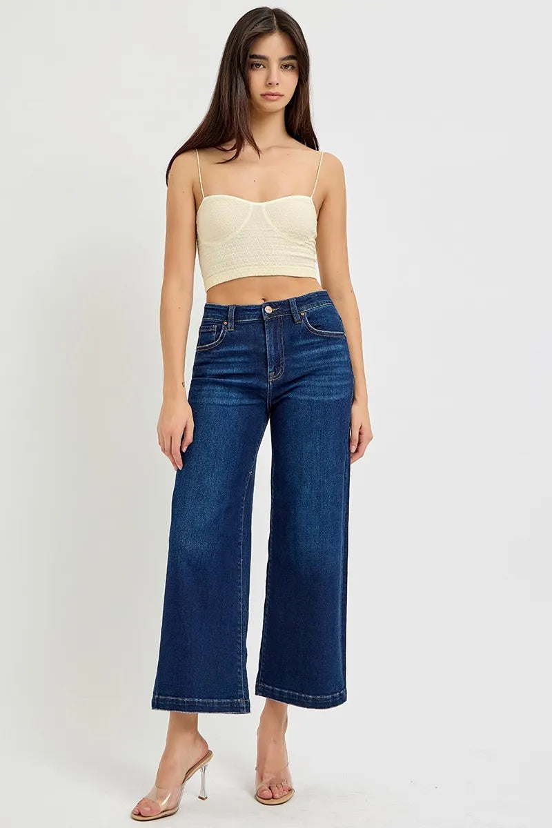 RISEN High Rise Crop Wide Jeans DARK / 0