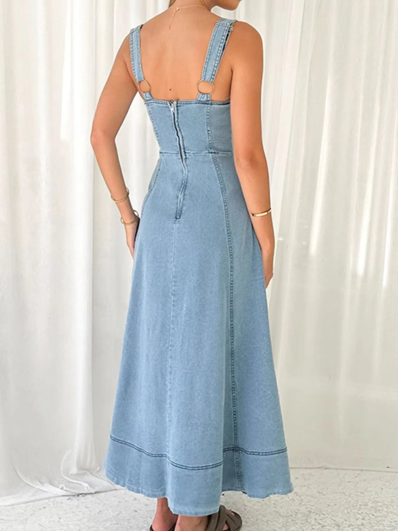 Wide Strap Sweetheart Neck Denim Dress Light Blue / S