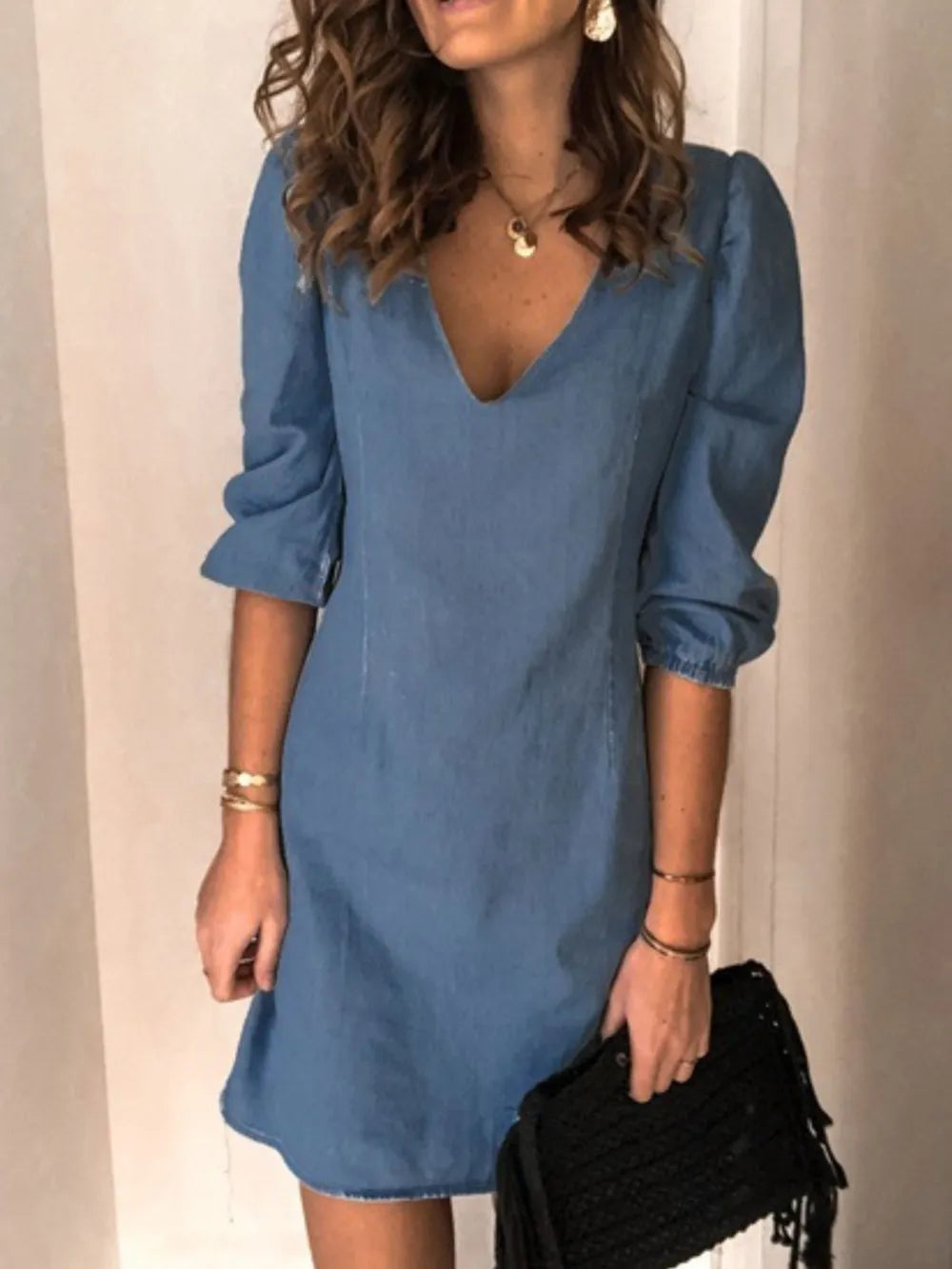 Full Size V-Neck Half Sleeve Dress Light Blue / S