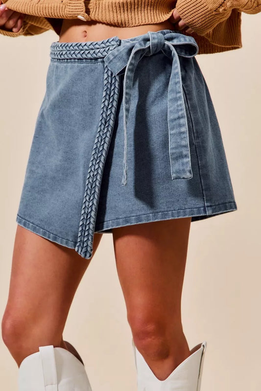 SO ME Wrap Braided Trimmed Denim Skort BLUE / S