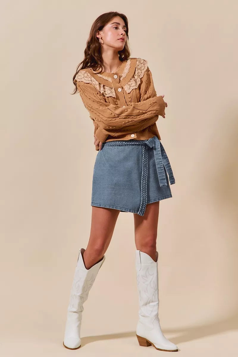 SO ME Wrap Braided Trimmed Denim Skort BLUE / S