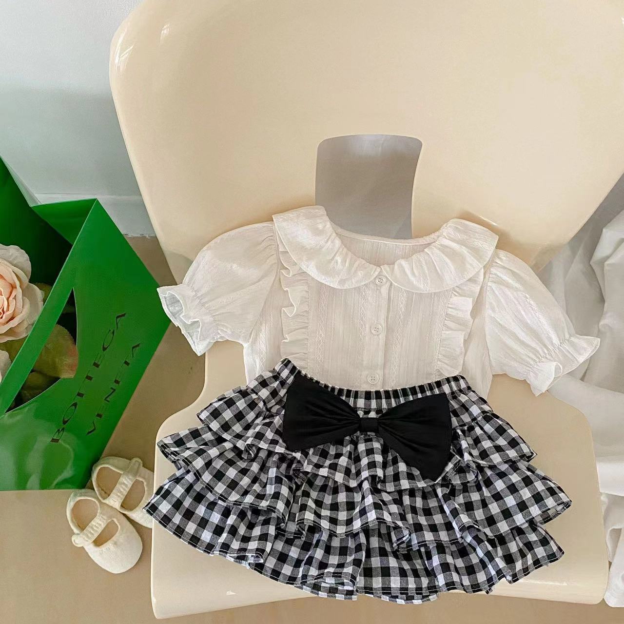 Baby Girl Solid Blouses Plaid Pattern Princess Skirt Sets 66 (3-6M) / Black