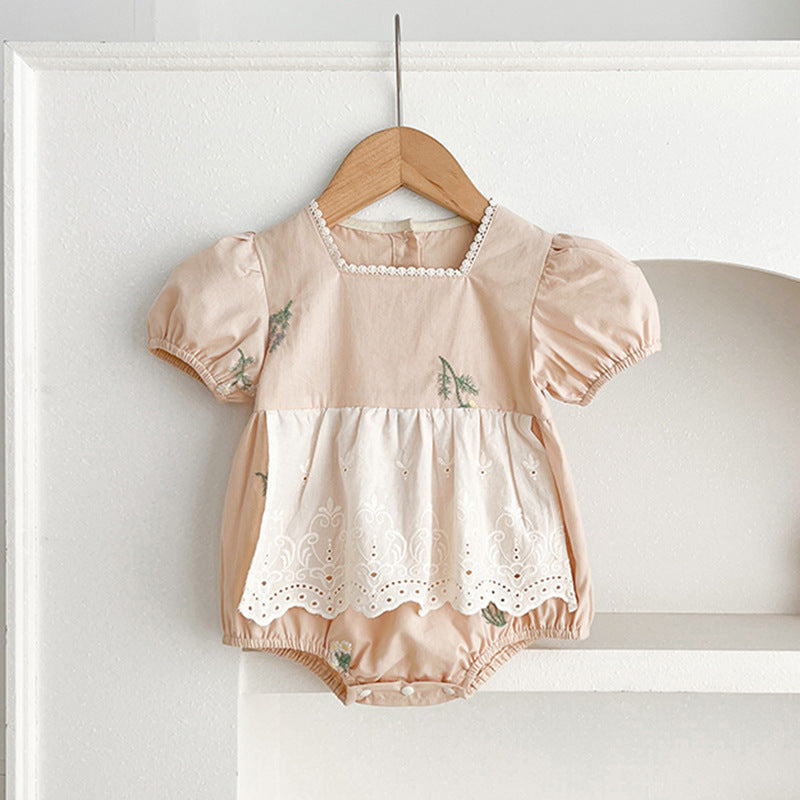 Summer Baby Girls French-style Flowers Embroidery Pattern Short-sleeved Onesies and Dress β Princess Sister Matching 66 (3-6M) / Apricot