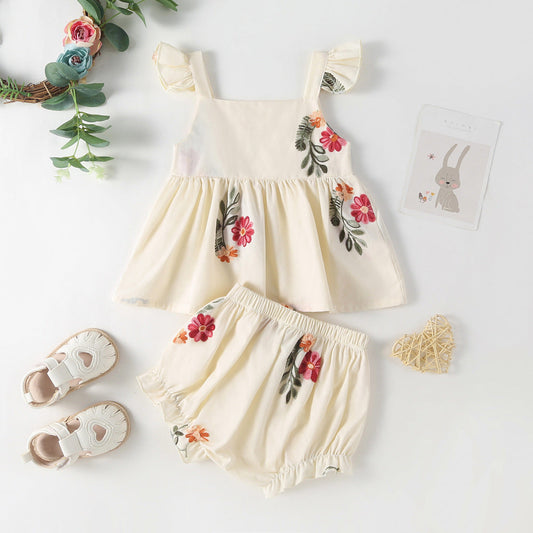 Summer Baby Kids Girls Floral Pattern Sleeveless Strap Top Dress And Bloomers Clothing Set/ Onesies 66 (3-6M) / Apricot