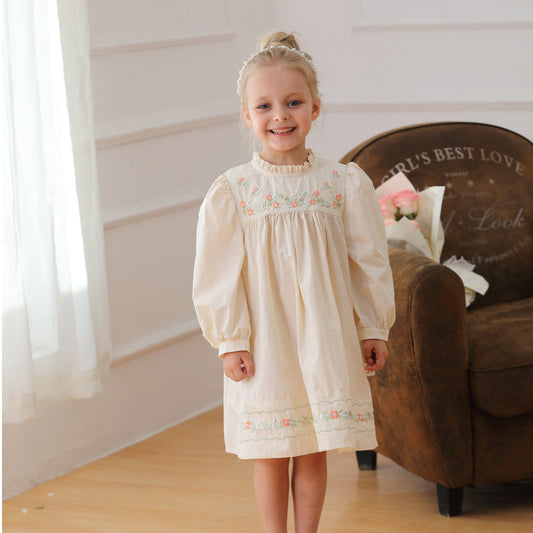 Arrival Autumn Girls Ruffle Neck Long Sleeves Flowers Embroidery Dress 90 (12-24M) / Apricot