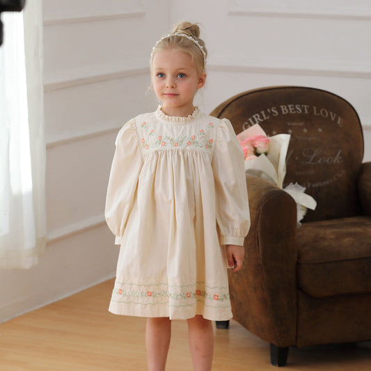 Arrival Autumn Girls Ruffle Neck Long Sleeves Flowers Embroidery Dress 90 (12-24M) / Apricot