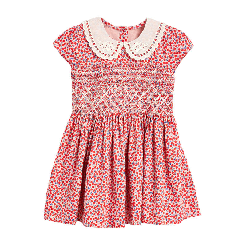 Baby Girl Ditsy Flower Print Hollow Carved Neck Knitted Waist Dress 90 (12-24M) / Red