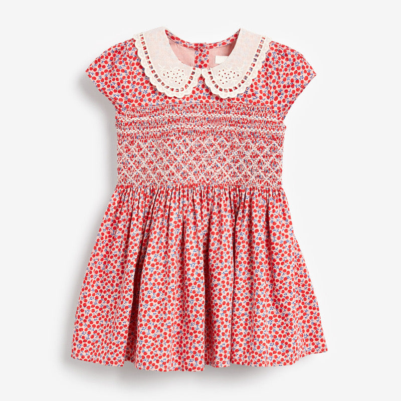 Baby Girl Ditsy Flower Print Hollow Carved Neck Knitted Waist Dress 90 (12-24M) / Red