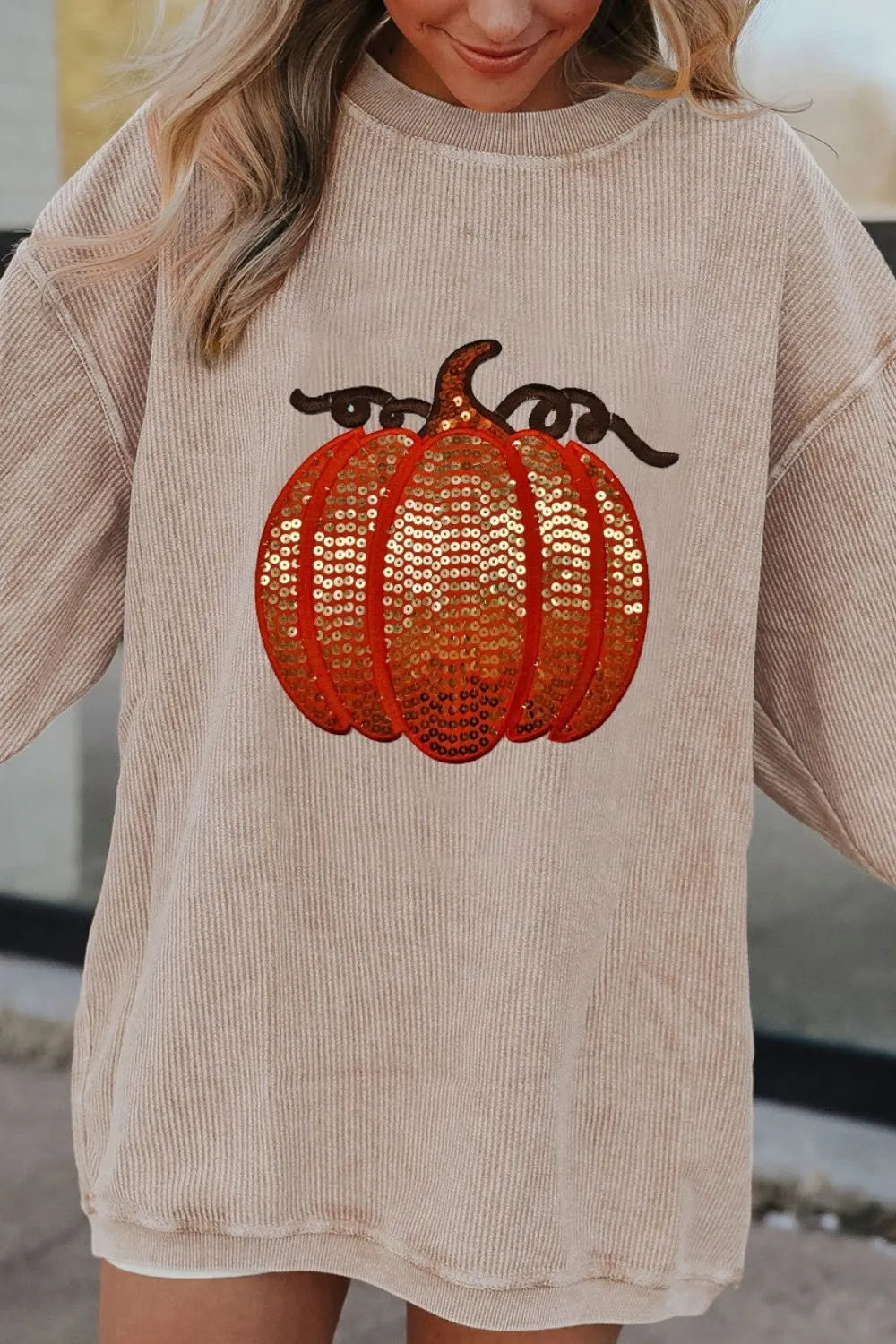 Sequin Pumpkin Round Neck Long Sleeve Sweatshirt Sherbet / S 