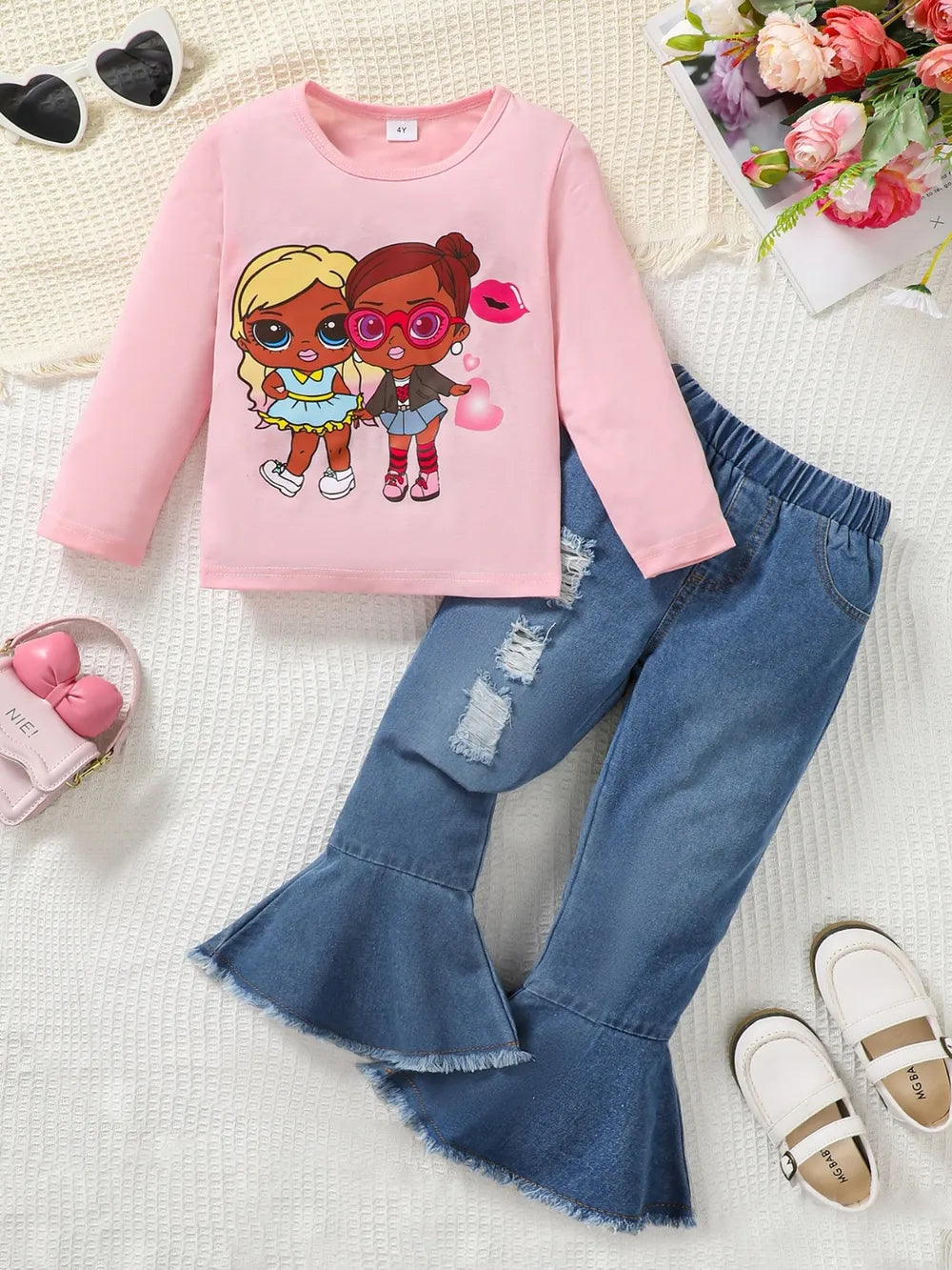 Children's Round Neck Graphic Top and Pants Set Blush Pink / 4Y 