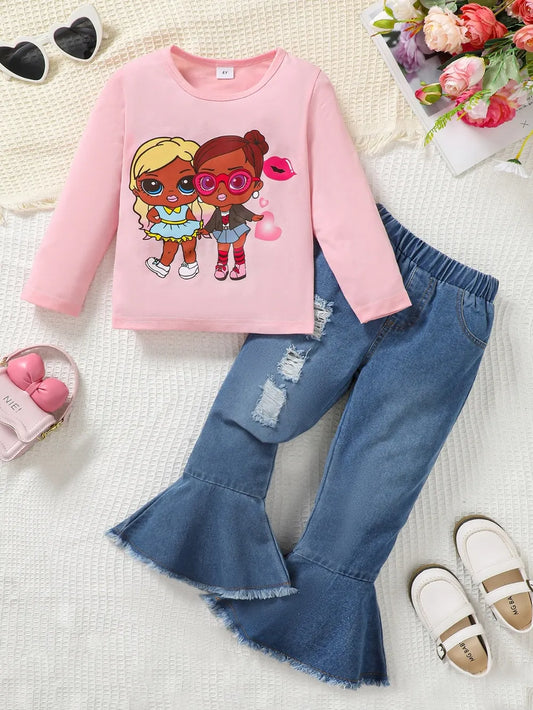 Children's Round Neck Graphic Top and Pants Set Blush Pink / 4Y 