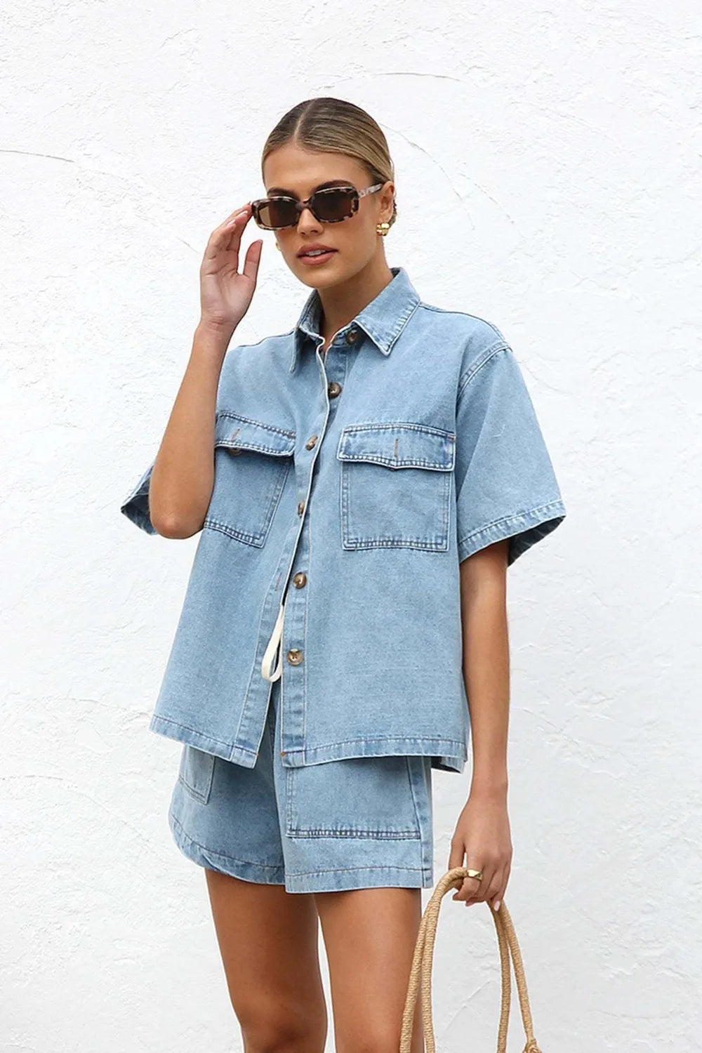 Collared Neck Button Up Top and Shorts Denim Set Medium / S 