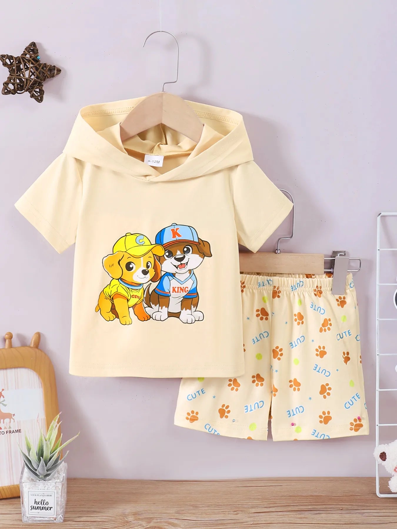Children's Dog Short Sleeve Hoodie and Shorts Set Pastel Yellow / 6-9M 